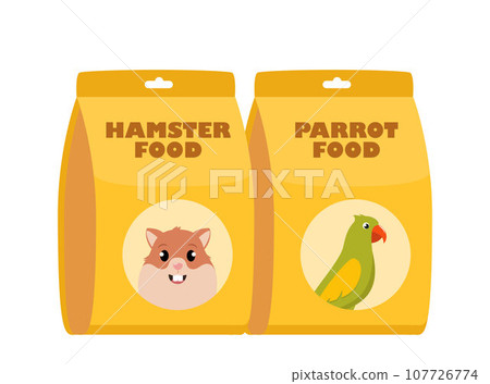 Parrot Food and Hamster food pack. Packages of dry food. Pet shop, domestic animal, care concept. Vector illustration. 107726774