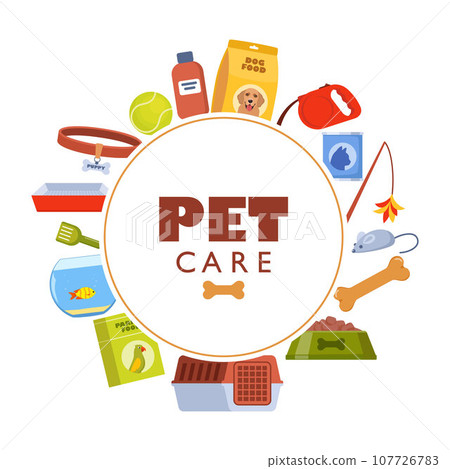 Pet accessories and food set. Dogs and cats supplies, pet shop equipment, toys, home, bowl, cage, scratching post, ball, collar, dog bed. Pet care equipment. Vector illustration. Pet accessories and food set. Dogs and cats supplies, pet shop equipment, toys, home, bowl, cage, scratching post, ball, collar, dog bed. Pet care equipment. Vector illustration. 107726783