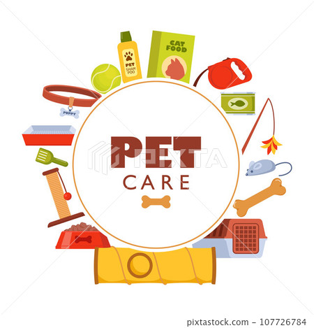 Pet accessories and food set. Dogs and cats supplies, pet shop equipment, toys, home, bowl, cage, scratching post, ball, collar, dog bed. Pet care equipment. Vector illustration. 107726784