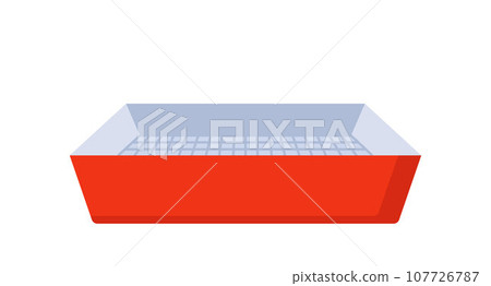 Red cat tray in flat style. Hygiene accessories for kittens, toilet isolated on white background. Vector illustration. Red cat tray in flat style. Hygiene accessories for kittens, toilet isolated on white background. Vector illustration. 107726787