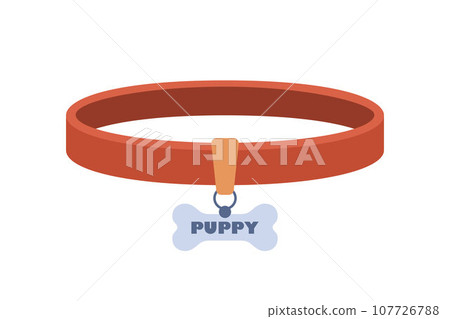 Brown pet collar with silver bone shaped medallion. Dogs necklace with medallion. Puppies accessory isolated on white background. Vector illustration. 107726788