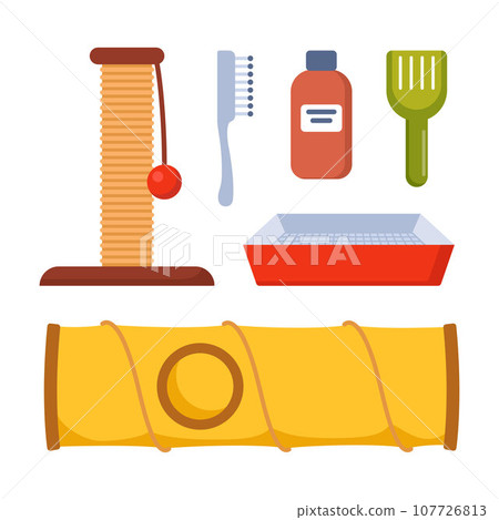Cat accessories. Cats supplies, pet shop equipment, toys. Pet care equipment. Vector illustration. Cat accessories. Cats supplies, pet shop equipment, toys. Pet care equipment. Vector illustration. 107726813