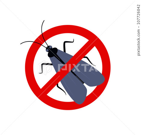 Anti moth, pest control. Stop insects sign. Silhouette of moth in red forbidding circle, vector illsutration. No moth insects sign. Vector illustration. Anti moth, pest control. Stop insects sign. Silhouette of moth in red forbidding circle, vector illsutration. No moth insects sign. Vector illustration. 107726842