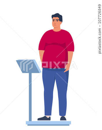 Fat obese man standing on weigh scales. Oversize fatty boy. Obesity weight control concept. Overweight male cartoon character full length. Vector illustration. 107726849