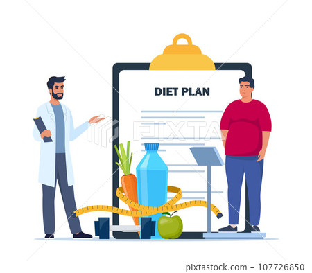 Fat man standing on weigh scales. Doctor explain about health and how to loose weight. Diet plan checklist. Healthy food and sports. Vector illustration. 107726850