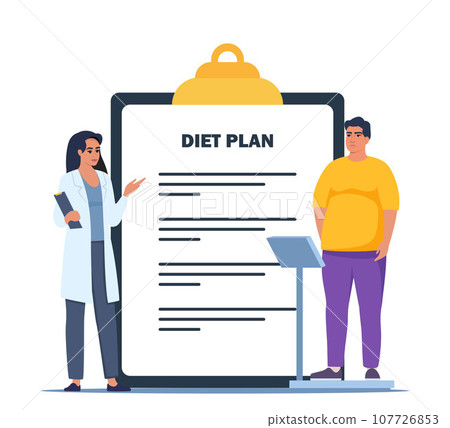 Fat man standing on weigh scales. Doctor explain about health and how to loose weight, Diet plan for obese patient, fat control instruction, diabetes patient, control calories, sports. Vector. Fat man standing on weigh scales. Doctor explain about health and how to loose weight, Diet plan for obese patient, fat control instruction, diabetes patient, control calories, sports. Vector. 107726853