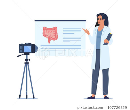 Doctor gives a training lecture about anatomy on camera. Doctor presenting human intestine infographics. Online medical seminar, lecture, healthcare meeting concept. Vector illustration. Doctor gives a training lecture about anatomy on camera. Doctor presenting human intestine infographics. Online medical seminar, lecture, healthcare meeting concept. Vector illustration. 107726859