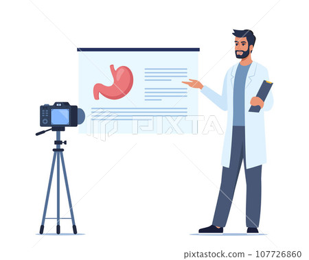Doctor gives a training lecture about anatomy on camera. Doctor presenting human stomach infographics. Online medical seminar, lecture, healthcare meeting concept. Vector illustration. Doctor gives a training lecture about anatomy on camera. Doctor presenting human stomach infographics. Online medical seminar, lecture, healthcare meeting concept. Vector illustration. 107726860