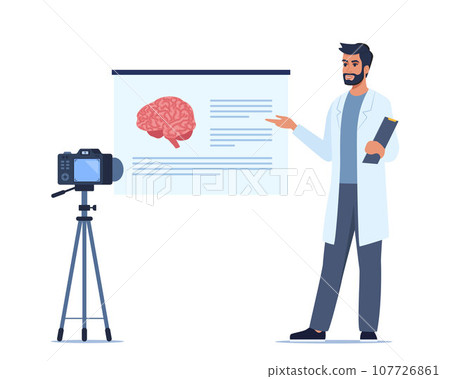 Doctor gives a training lecture about anatomy on camera. Doctor presenting human brain infographics. Online medical seminar, lecture, healthcare meeting concept. Vector illustration. Doctor gives a training lecture about anatomy on camera. Doctor presenting human brain infographics. Online medical seminar, lecture, healthcare meeting concept. Vector illustration. 107726861