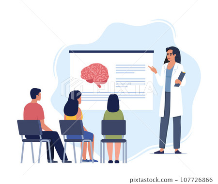 Doctor gives a training lecture about anatomy for students. Doctor presenting human brain infographics. Online medical seminar, lecture, healthcare meeting concept. Vector illustration. 107726866