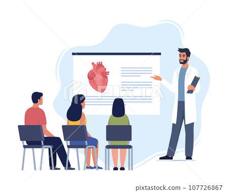 Doctor gives a training lecture about anatomy for students. Doctor presenting human heart infographics. Online medical seminar, lecture, healthcare meeting concept. Vector illustration. Doctor gives a training lecture about anatomy for students. Doctor presenting human heart infographics. Online medical seminar, lecture, healthcare meeting concept. Vector illustration. 107726867