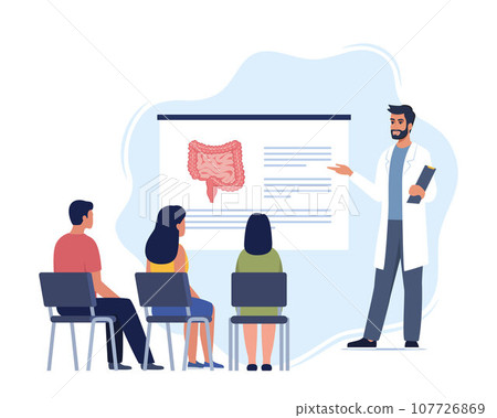 Doctor gives a training lecture about anatomy for students. Doctor presenting human intestine infographics. Online medical seminar, lecture, healthcare meeting concept. Vector illustration. Doctor gives a training lecture about anatomy for students. Doctor presenting human intestine infographics. Online medical seminar, lecture, healthcare meeting concept. Vector illustration. 107726869