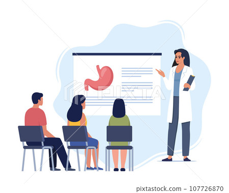 Doctor gives a training lecture about anatomy for students. Doctor presenting human stomach infographics. Online medical seminar, lecture, healthcare meeting concept. Vector illustration. 107726870