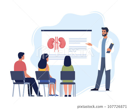Doctor gives a training lecture about anatomy for students. Doctor presenting human kidneys infographics. Online medical seminar, lecture, healthcare meeting concept. Vector illustration. Doctor gives a training lecture about anatomy for students. Doctor presenting human kidneys infographics. Online medical seminar, lecture, healthcare meeting concept. Vector illustration. 107726871