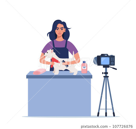 Women hairdresser grooming a dog on camera. Woman blogger with hair dryer and comb in her hands dries the dog's fur. Pet grooming salon. Vector illustration. Women hairdresser grooming a dog on camera. Woman blogger with hair dryer and comb in her hands dries the dog's fur. Pet grooming salon. Vector illustration. 107726876
