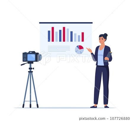 Business woman presenting new project on camera. She is showing graphs and pie charts. Coach giving presentation online. Vector illustration. Business woman presenting new project on camera. She is showing graphs and pie charts. Coach giving presentation online. Vector illustration. 107726880