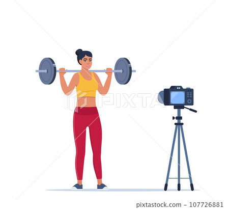 Woman doing Overhead barbell shoulder press exercise recording video with camera on tripod. Social network blogging, healthy lifestyle concept. Sport streming. Vector illustration. Woman doing Overhead barbell shoulder press exercise recording video with camera on tripod. Social network blogging, healthy lifestyle concept. Sport streming. Vector illustration. 107726881
