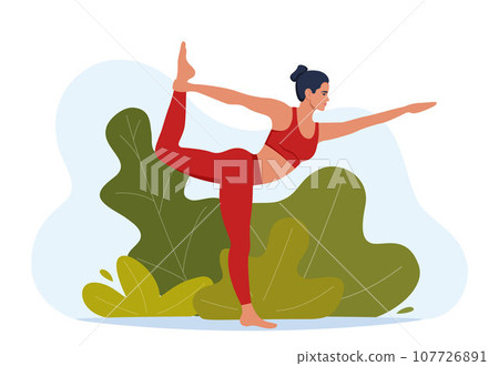 Female character doing yoga exercises on fresh air. Outdoor yoga. Wellness, healthcare and lifestyle concept. Vector illustration. 107726891