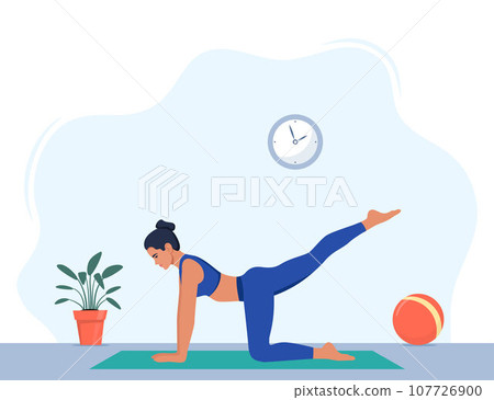 Female character doing yoga exercises at home. Wellness, healthcare and lifestyle concept. Vector illustration. 107726900