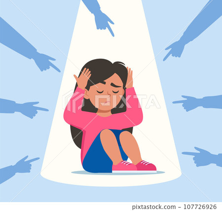 Sad or depressed girl kid surrounded by hands with index fingers pointing at her. Social bullying concept. Public trolling, shaming. Vector illustration. 107726926