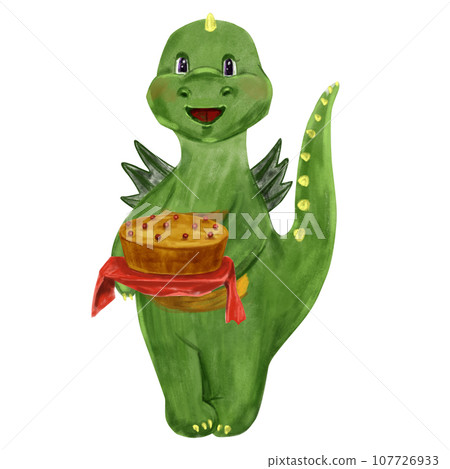 Watercolor isolated illustration of a cute green dragon with a festive berry pie, dino symbol of 2024, hand drawn New Year symbol 107726933