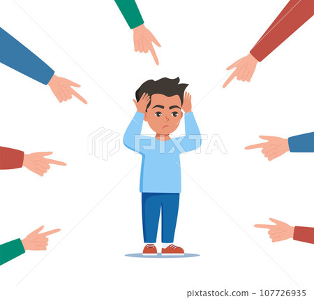 Sad or depressed boy kid surrounded by hands with index fingers pointing at him. Social bullying concept. Public trolling, shaming. Vector illustration. 107726935