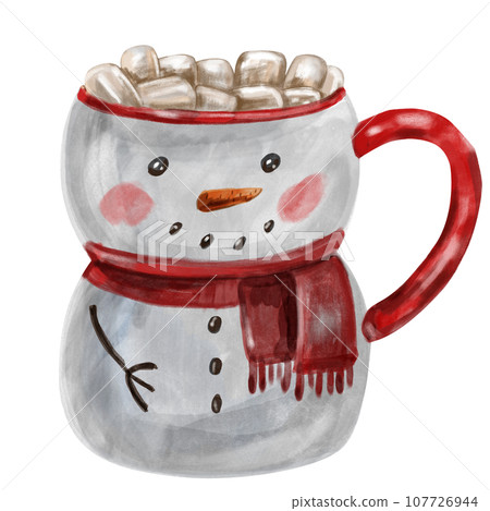 Watercolor illustration of Christmas cocoa with marshmallows in a snowman-shaped mug. Snowman mug drawing, cozy Christmas drink, snowman in scarf Watercolor illustration of Christmas cocoa with marshmallows in a snowman-shaped mug. Snowman mug drawing, cozy Christmas drink, snowman in scarf 107726944