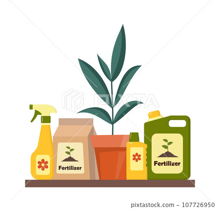 Potted plant and packing with soil. Potting soil, various fertilizers in bottles and spray gun. Vector illustration in flat style. Potted plant and packing with soil. Potting soil, various fertilizers in bottles and spray gun. Vector illustration in flat style. 107726950