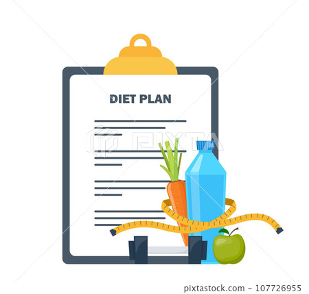 Diet plan checklist. Healthy food and Diet planning, diet, food, sports. Vector illustration in flat style. Diet plan checklist. Healthy food and Diet planning, diet, food, sports. Vector illustration in flat style. 107726955