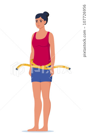 Beautiful slim woman and measuring tape. Idea of weight loss and healthy living. Beautiful female character after losing weight. Weight loss concept. Vector illustration. 107726956