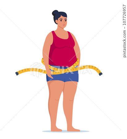 Fat obese woman and measuring tape. Oversize fatty girl. Obesity weight control concept. Overweight female cartoon character full length. Vector illustration. Fat obese woman and measuring tape. Oversize fatty girl. Obesity weight control concept. Overweight female cartoon character full length. Vector illustration. 107726957