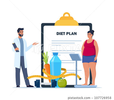 Fat woman standing on weigh scales. Doctor explain about health and how to loose weight. Diet plan checklist. Healthy food and sports. Vector illustration. 107726958