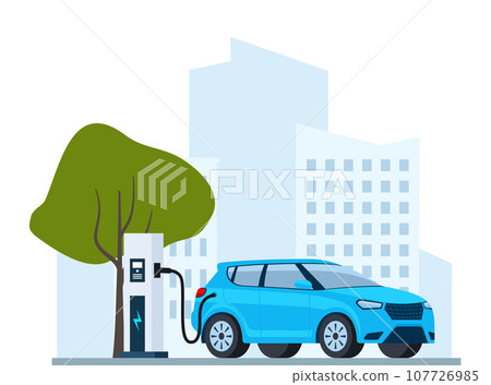 Electric car charging, side view. Modern urban landscape with high-rise buildings skyscrapers. Ecologically clean transport, eco-city. Vector illustration. 107726985