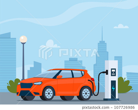 Electric car charging, side view. Modern urban landscape with high-rise buildings skyscrapers. Ecologically clean transport, eco-city. Vector illustration. 107726986