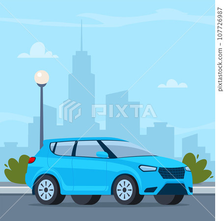 Red modern Suv car, side view. Modern urban landscape with high-rise buildings skyscrapers on background. Vector illustration. 107726987