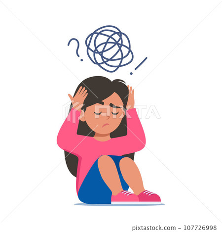 Sad girl sitting on floor surrounded by stream of anxious thoughts. Autism, child stress, mental disorder, anxiety, depression, stress, headache. Vector illustration. 107726998