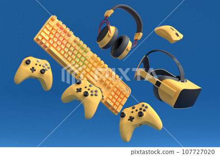 Top view gamer gears like joystick, keyboard, headphones and mouse 107727020