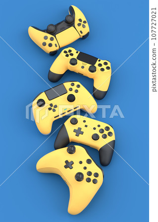 Set of flying gamer joysticks or gamepads on blue background 107727021
