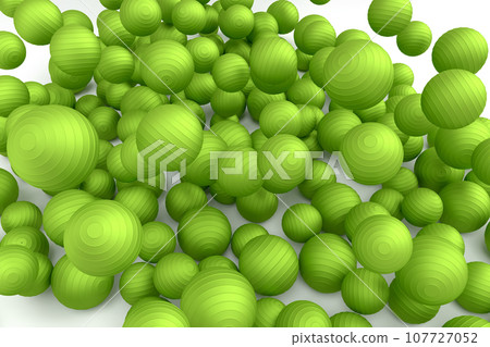 Many of flying green fitness ball or fitball falling on white background Many of flying green fitness ball or fitball falling on white background 107727052