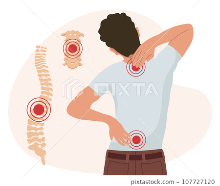 A man with pain in the cervical and lumbar vertebrae. Back pain, muscle pain, osteoarthritis, rheumatoid arthritis. Medicine. Illustration, vector 107727120