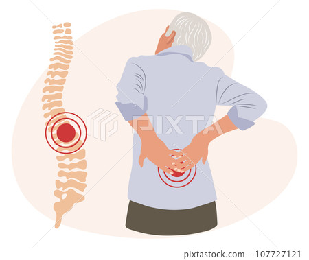 An elderly man with pain in the lumbar vertebrae. Back pain, muscle pain, osteoarthritis, rheumatoid arthritis. Medicine. Illustration, vector 107727121