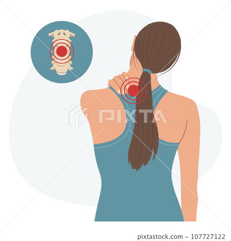 Woman with pain in the cervical and lumbar vertebrae. Back pain, muscle pain, osteoarthritis, rheumatoid arthritis. Medicine. Illustration, vector Woman with pain in the cervical and lumbar vertebrae. Back pain, muscle pain, osteoarthritis, rheumatoid arthritis. Medicine. Illustration, vector 107727122