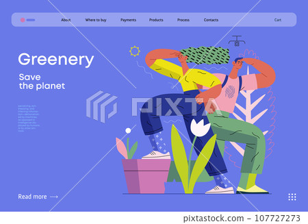 Greenery, ecology -modern flat vector concept illustration of observing people surrounded by plants. Metaphor of environmental sustainability and protection, closeness to nature 107727273