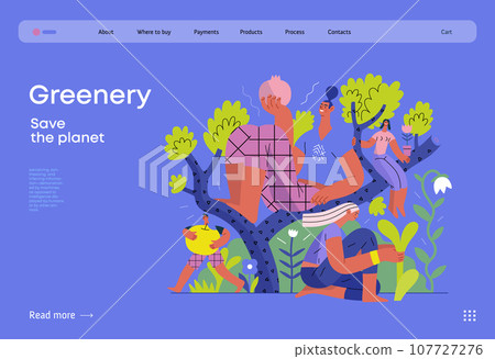 Greenery, ecology -modern flat vector concept illustration of people on a tree, surrounded by plants. Metaphor of environmental sustainability and protection, closeness to nature Greenery, ecology -modern flat vector concept illustration of people on a tree, surrounded by plants. Metaphor of environmental sustainability and protection, closeness to nature 107727276