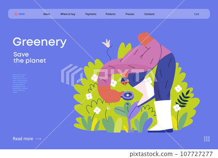 Greenery, ecology -modern flat vector concept illustration of a man in plants, looking at the bug through the lens. Metaphor of environmental sustainability and protection, closeness to nature Greenery, ecology -modern flat vector concept illustration of a man in plants, looking at the bug through the lens. Metaphor of environmental sustainability and protection, closeness to nature 107727277