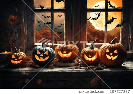 halloween holiday decorations, scary jack o lantern pumpkins and candles on a windowsill, flying bats outside the window, moonlit night, mystic and dark magic 107727287
