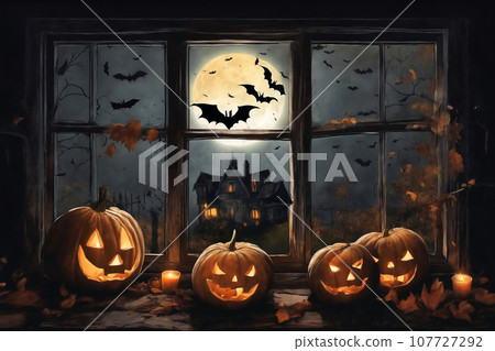 halloween holiday decorations, scary jack o lantern pumpkins and candles on a windowsill, flying bats outside the window, moonlit night, mystic and dark magic halloween holiday decorations, scary jack o lantern pumpkins and candles on a windowsill, flying bats outside the window, moonlit night, mystic and dark magic 107727292