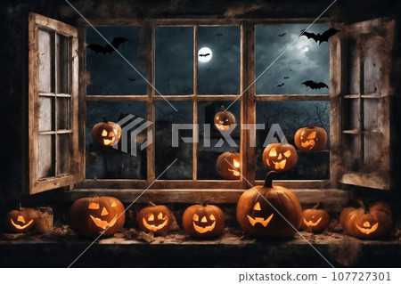 decoration for halloween holiday, pumpkins, jack on lantern on a windowsill, flying bats in night outside the window decoration for halloween holiday, pumpkins, jack on lantern on a windowsill, flying bats in night outside the window 107727301