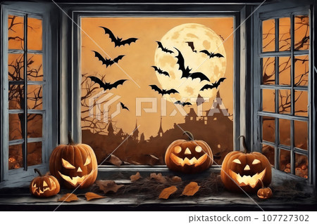 decoration for halloween holiday, pumpkins, jack on lantern on a windowsill, flying bats in night outside the window 107727302