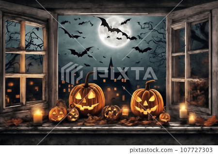decoration for halloween holiday, pumpkins, jack on lantern on a windowsill, flying bats in night outside the window 107727303